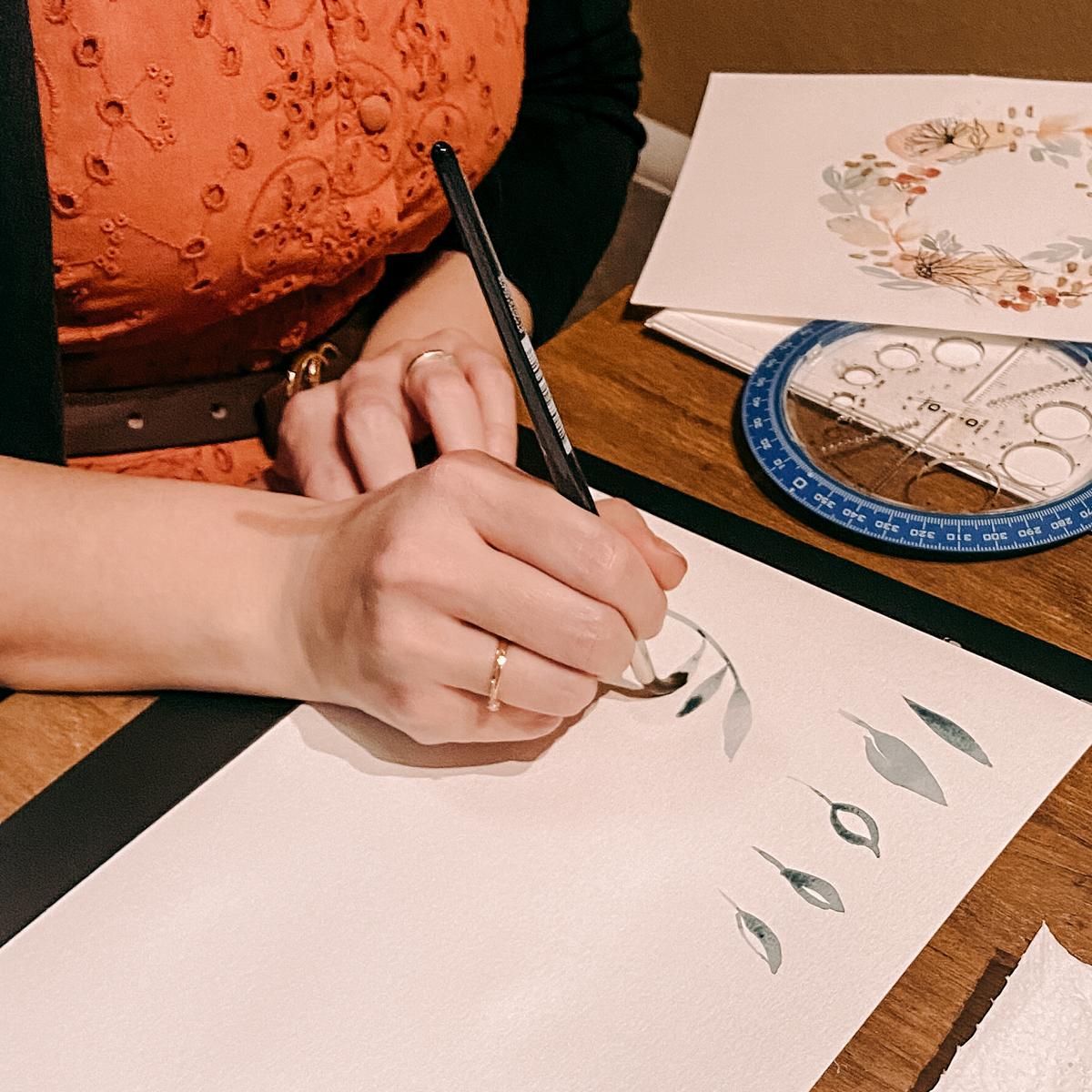 Hand mit Pinsel malt florales Motiv auf Papier – aquarell workshop, watercolour malen.