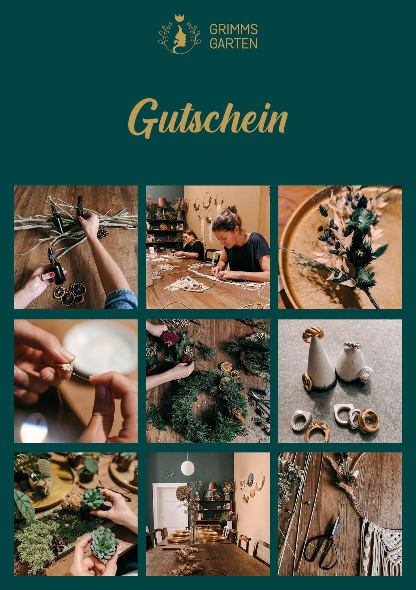 Gutschein mit mehreren verschiedenen Bildern zu Workshops und Produkten- Grimms Garten