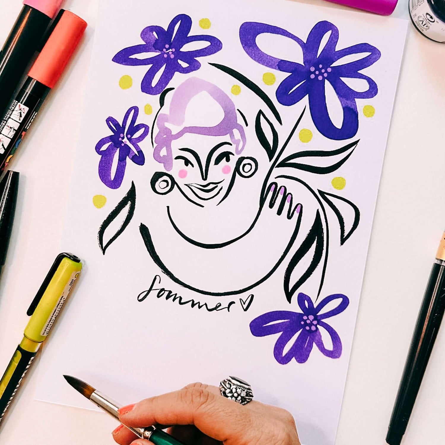 Fertiges Aquarell-Schnellportrait in Blau und Gelb, Pinsel und Hand im Bild – Teamevent oder Firmenevent.