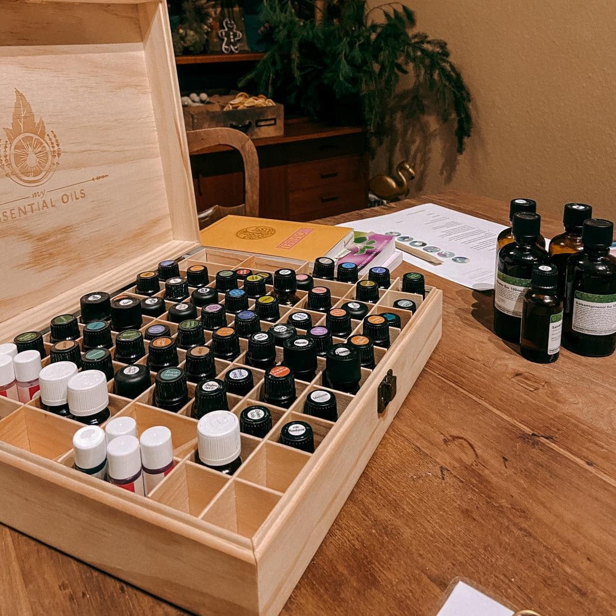 Holzkasten mit vielen ätherischen Ölen auf Holztisch – aromatherapie workshop, naturduft, diy kosmetik, auch für Firmenevents.