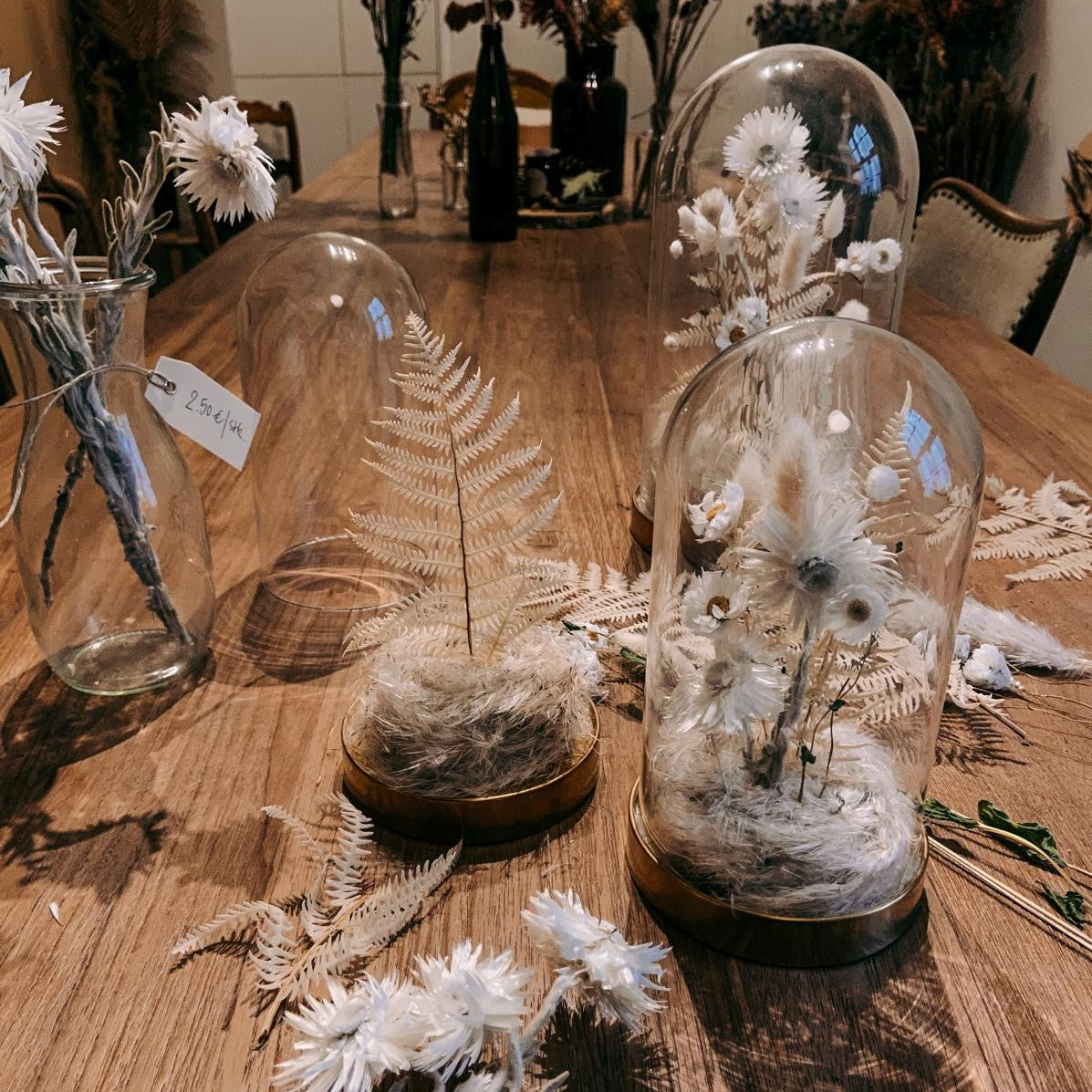Mehrere Glasglocken mit weißen Trockenblumen – nachhaltige Boho Deko, DIY Workshop.