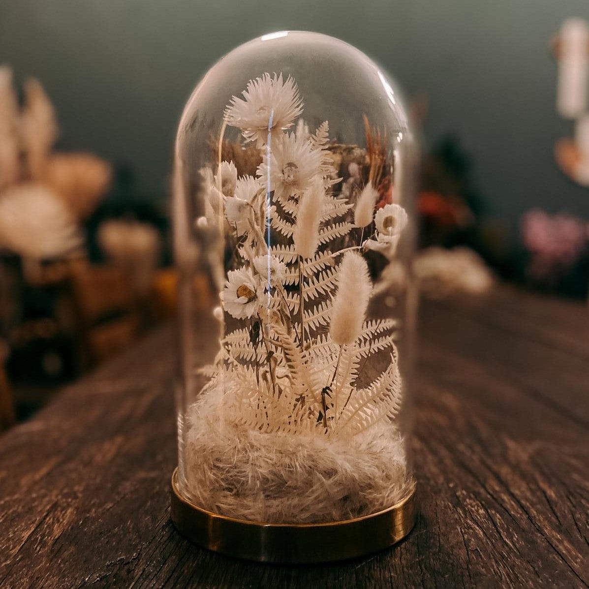 Glasglocke mit weißen Trockenblumen auf Holztisch – DIY Deko, Boho Style, Trockenblumen Workshop.