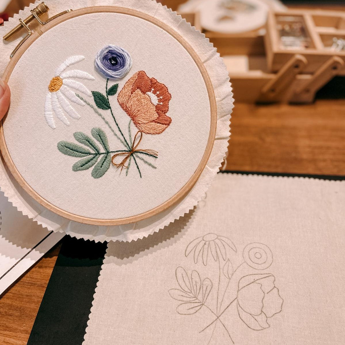 Stickerei mit gezeichnetem Blumenmotiv im Hintergrund – kreativer Stickkurs.