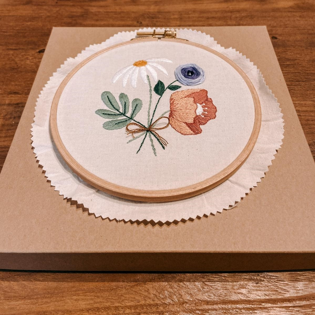 Fertige Blumen-Stickerei in Rot, Blau und Grün auf Stoff – DIY Workshop.