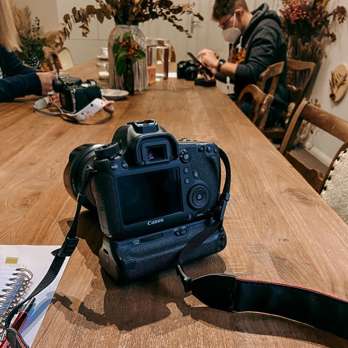 Nahaufnahme Kamera, mehrere Personen im Hintergrund – Fotoworkshop Grundlagen Belichtungszeit, Blende, ISO.