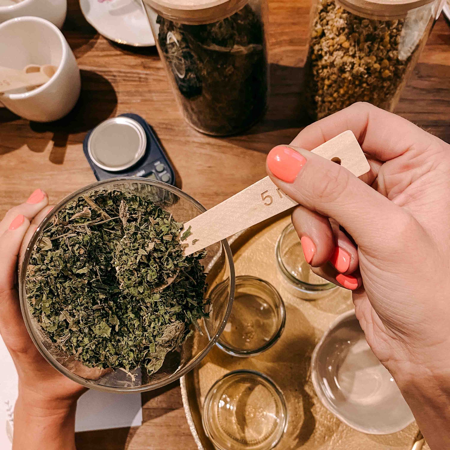 Holzlöffel in Glas mit grünen Kräutern, Gläser im Hintergrund – kräutertee workshop, DIY Tee, Teamevent.