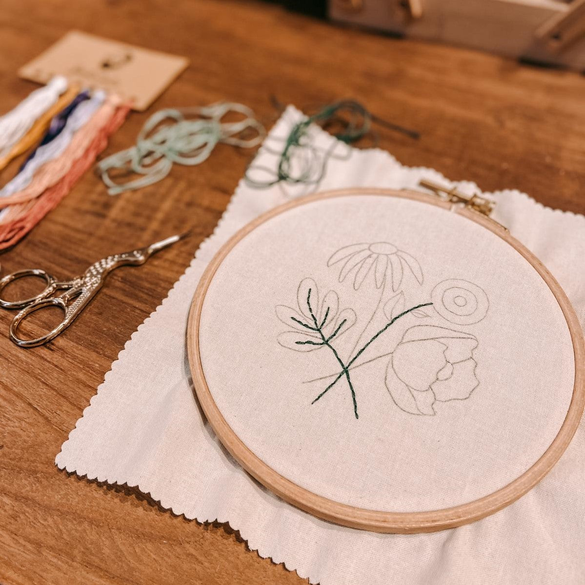 Aufgemalte Blumen auf Stoff mit grüner Linie eingestickt – Stickworkshop.