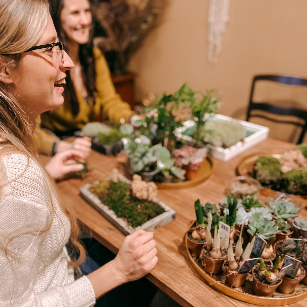 Personen an Tisch mit Materialien für Pflanzenbild – DIY Pflanzenkunst Workshop, Teamevent möglich.
