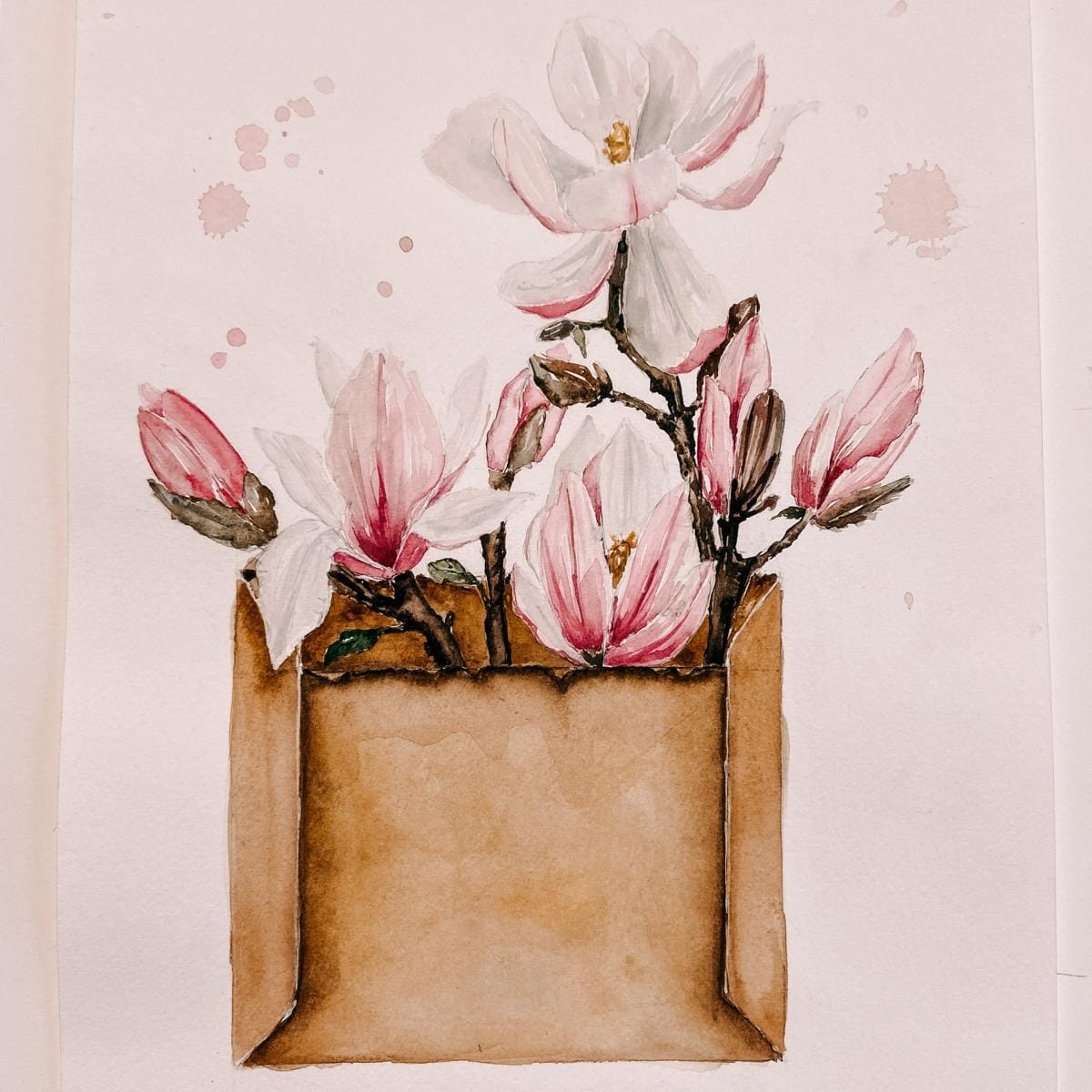 Fertiges Aquarellbild mit pinken Magnolien – Entspanntes Malen Workshop.