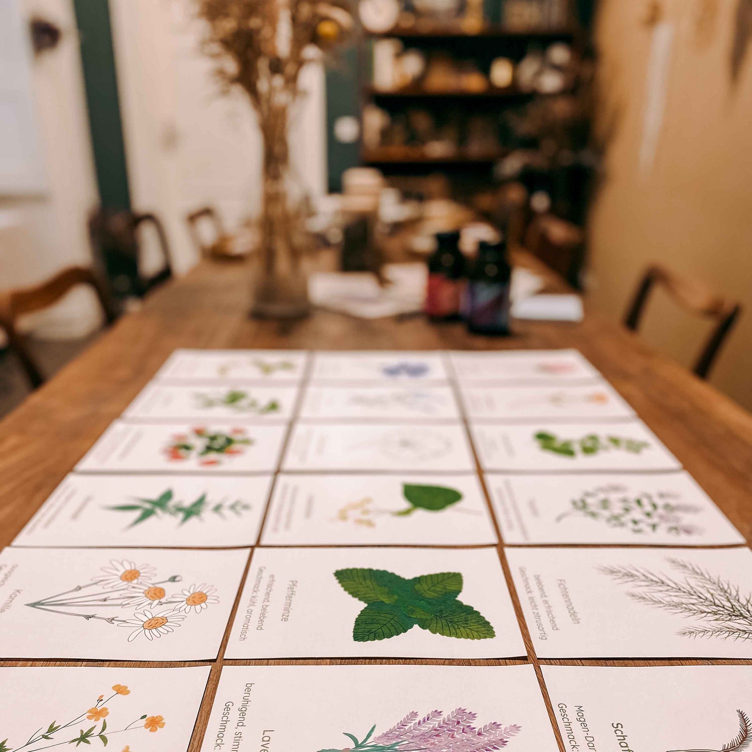 Zettel mit Kräutern und Erklärungen auf Holztisch – kräutertee workshop, DIY Tee, Teamevent.