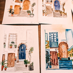 Vier fertige Aquarellbilder mit mediterraner Architektur nebeneinander beim Aquarell Workshop von GRIMMS GARTEN Berlin